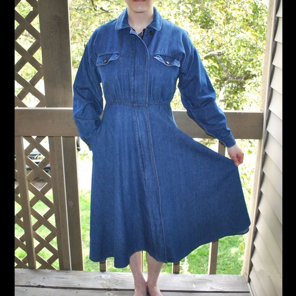 Vintage 90s Denim Long Sleeve Midi Dress Size 9/10 - Picture 1 of 10